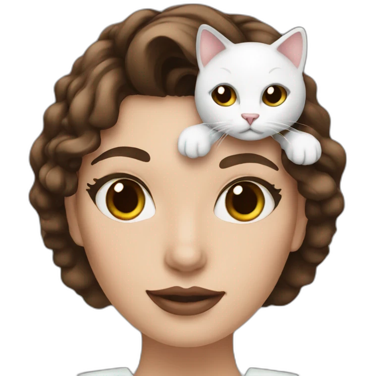 woman with brown hair wavy hair wearing makeup holding a black and white cat emoji