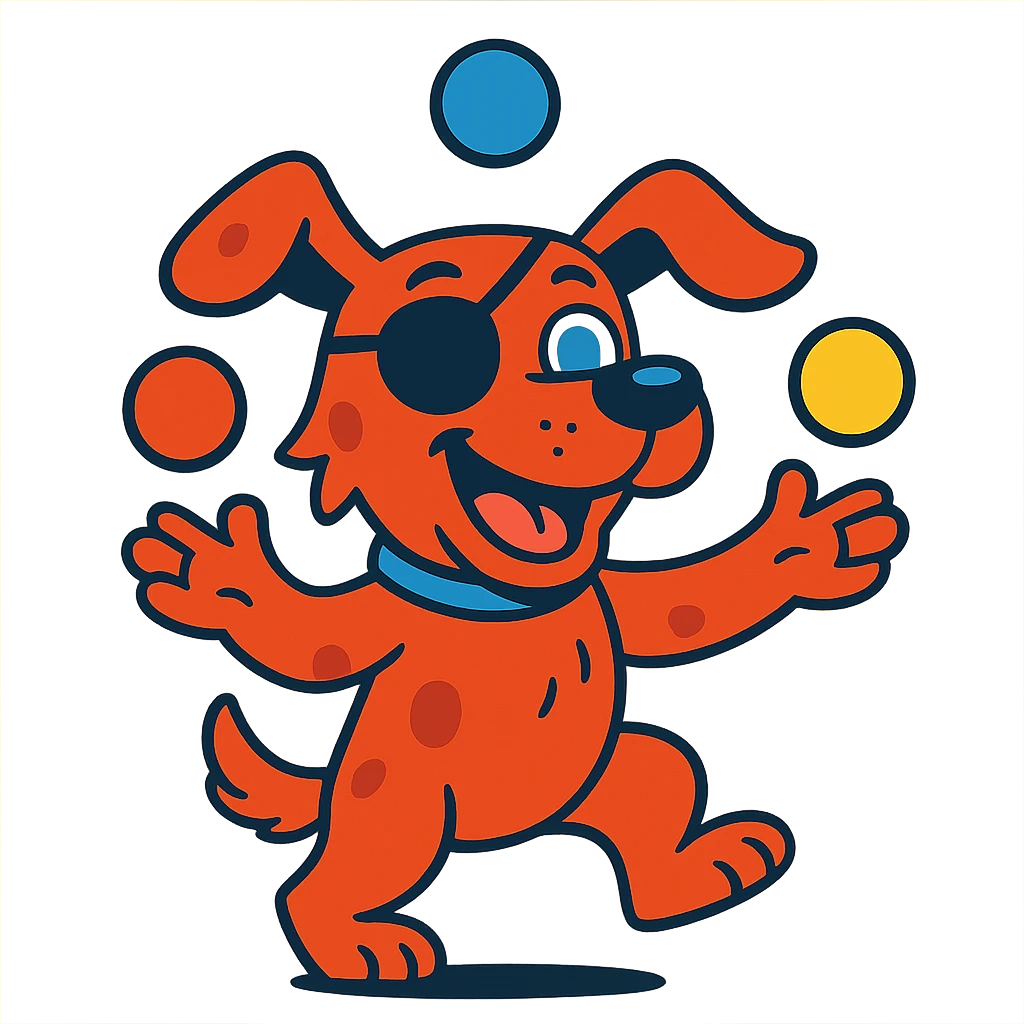 dog with red fur, blue eyes, wearing an eye patch, juggling balls, playful expression, vibrant cartoon style emoji