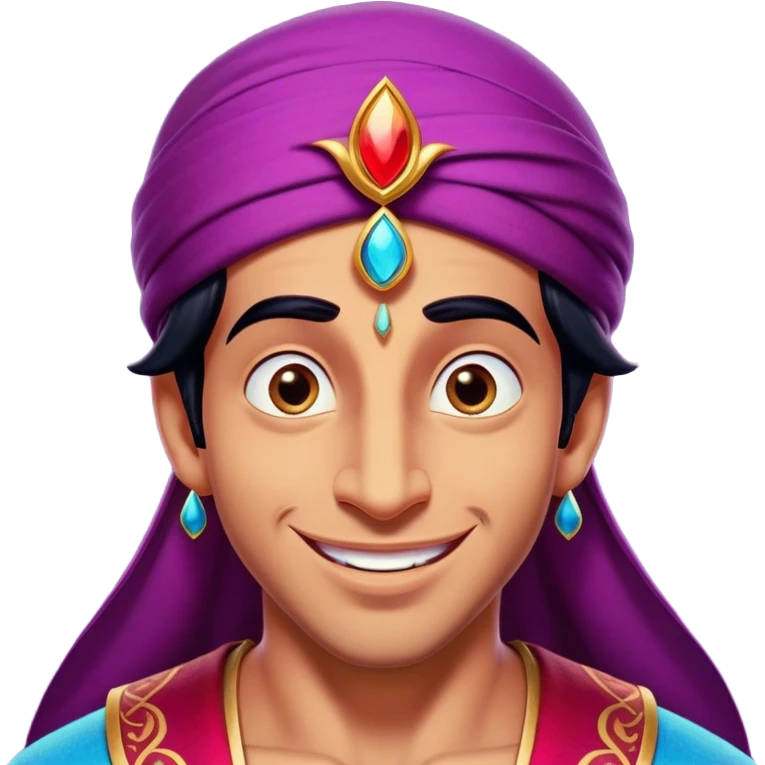 Cinematic Realistic Aladdin Portrait, head tilted dramatically with an exaggeratedly amused expression, featuring vibrant eyes and a slight, roguish grin. His detailed attire and subtle magical accents are brought to life with dynamic lighting and vivid textures, capturing a rare, playful burst of humor from a daring street-wise adventurer. emoji