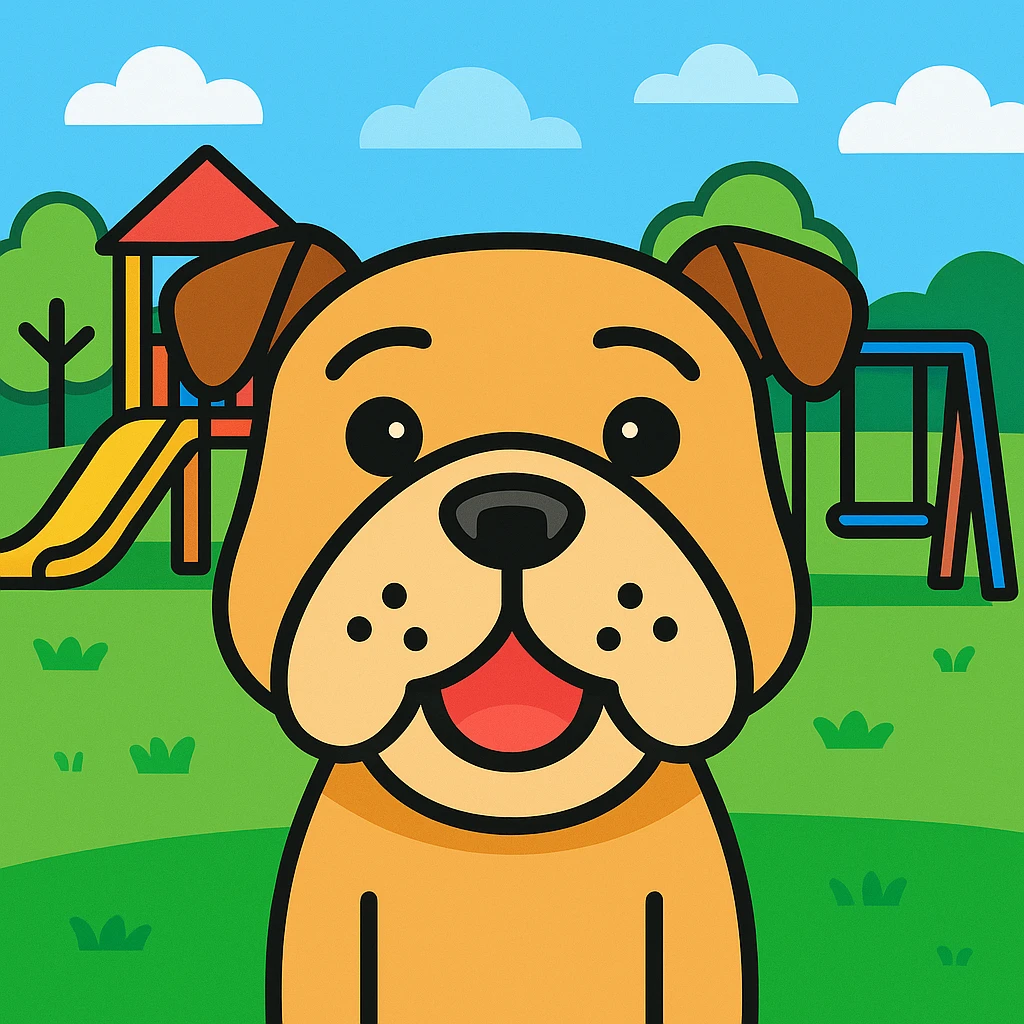 Add a playful background, such as a park or colorful playground, to the English bulldog icon in color outline style. emoji