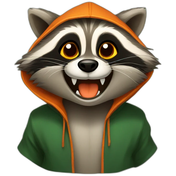 brown raccoon with orange eyes and a dark green hood that is laughing emoji