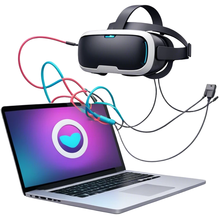 VR headset lying next to a laptop, connected by wires. On the laptop screen, a VR/AR modeling program is open. Floating 3D models or virtual objects. Modern, tech-inspired colors. No emojis or smiley faces. Transparent background. emoji