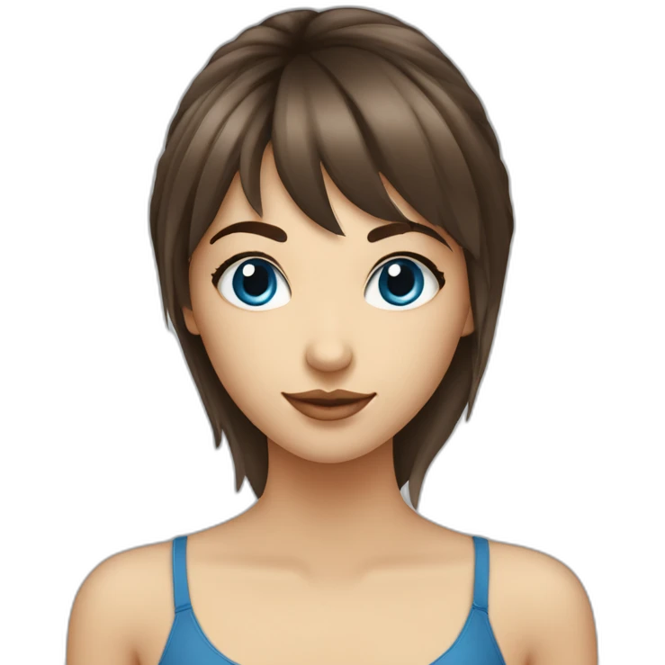 Fille aux yeux bleu brune avec une frange cheuveux long emoji