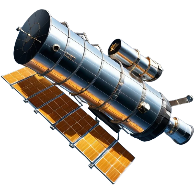 cinematic-realistic-hubble-space-telescope-emoji, an awe-inspiring, ultra-detailed depiction of the Hubble Space Telescope floating in space, its large, reflective metallic surface gleaming against the backdrop of the infinite blackness. The telescope's vast solar panels extend outwards, catching the light from distant stars, while its intricate, cylindrical body showcases advanced, precise engineering. The telescope's large, hexagonal lens is pointed towards the cosmos, surrounded by mechanical components, wires, and sensors. The detailed textures of the telescope’s metallic exterior, the shiny reflective coating, and the intricate grid-like solar panels are sharply contrasted against the void of space, with distant stars and nebulae faintly visible in the background, adding to the sense of scale and technological marvel; rendered with extreme realism and attention to detail. emoji