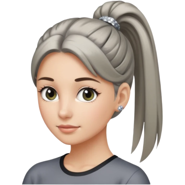 A cool woman with her hair tied in a ponytail, sparkling gray eyes, and smooth, fair skin; very beautiful. emoji