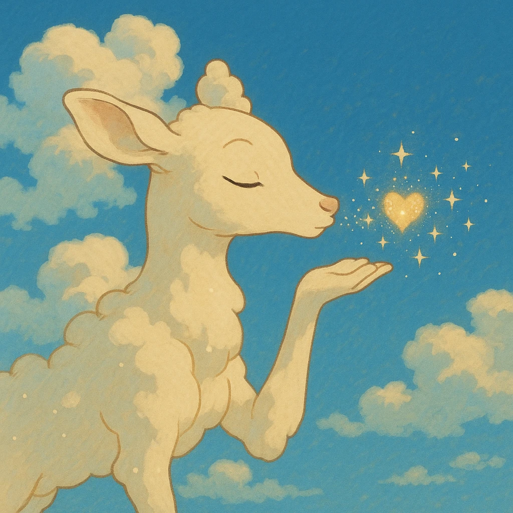 gentle vanilla cloud doe in Ghibli-inspired style sending a sparkling kiss emoji