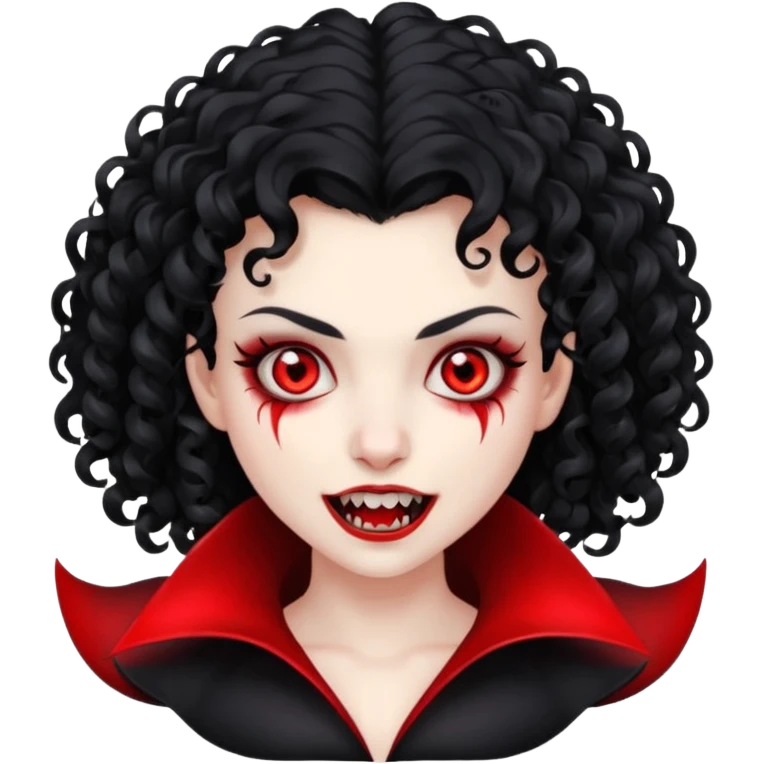 vampiro, cabelos cacheados pretos, pele pálida, olhos vermelhos, sexo feminino emoji
