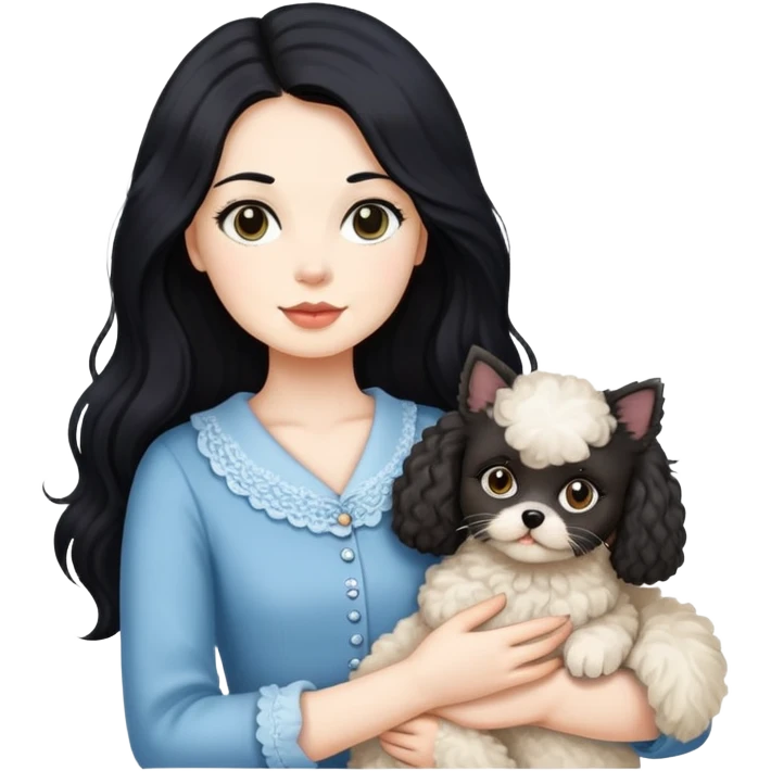 Lady with long black hair, with a Ragdoll cat and a small poodle  emoji