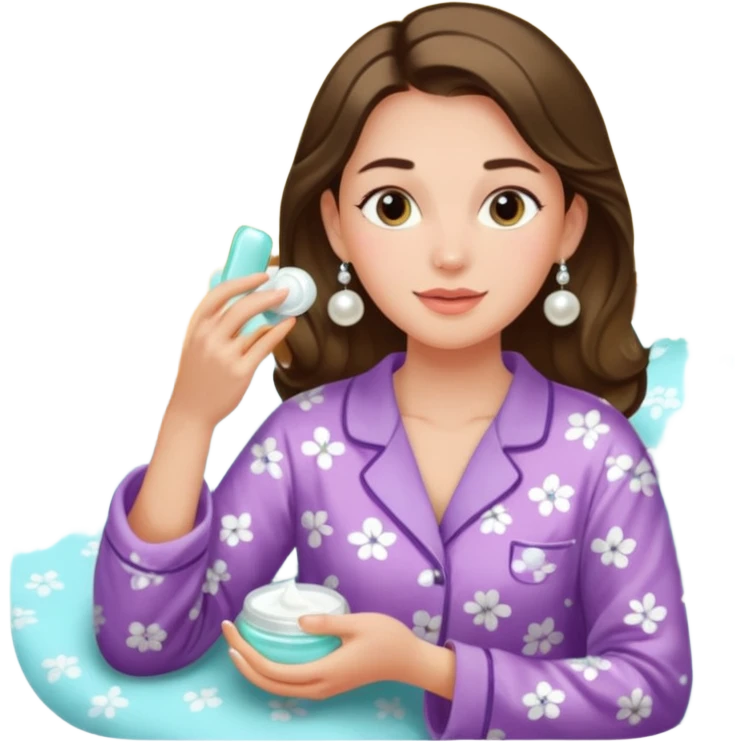 Clean girl aesthetic emoticons, apply skincare products, pearl earrings, glowing skin, pajamas, soft lighting emoji