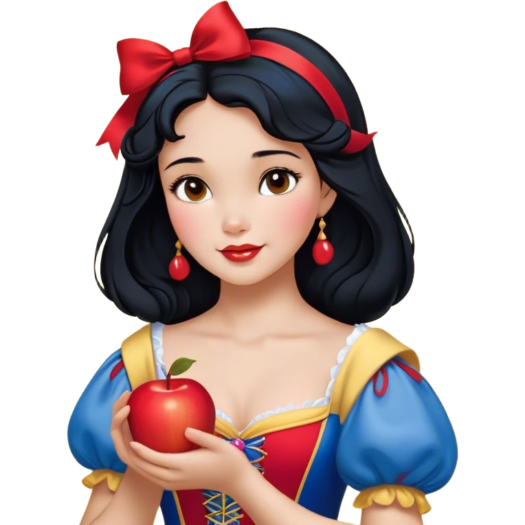 Cinematic Realistic Snow White Portrait, depicted with lifelike skin texture, soft natural lighting, and intricately detailed black hair styled with a red ribbon. Her soft brown eyes radiate innocence and kindness, complemented by a warm, gentle smile. She holds an apple in one hand, her other hand resting against her cheek, embodying her purity and charm. She is dressed in her classic yellow, blue, and red gown, the fabric rich in texture with delicate folds that catch the light beautifully. The portrait features a soft, natural glow with a radiant finish, capturing the essence of timeless beauty in a realistic and painterly style. emoji