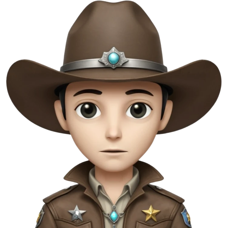 Close-up portrait of a classic grey alien cowboy, large black eyes, smooth pale skin, wearing a worn leather cowboy hat and futuristic sheriff badge, dramatic side lighting, shallow depth of field, ultra detailed skin texture, cinematic western sci-fi style
 emoji