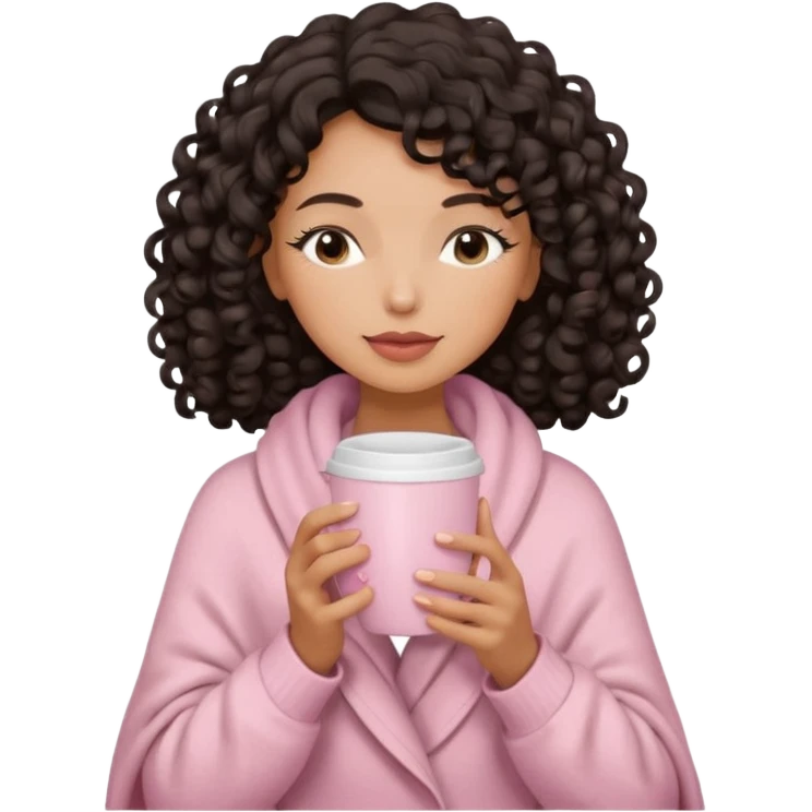 woman with medium tan sand tone, black mid length 3b curls, closed eyes, feminine face, holding soft pink coffee cup with beige blanket over shoulders emoji