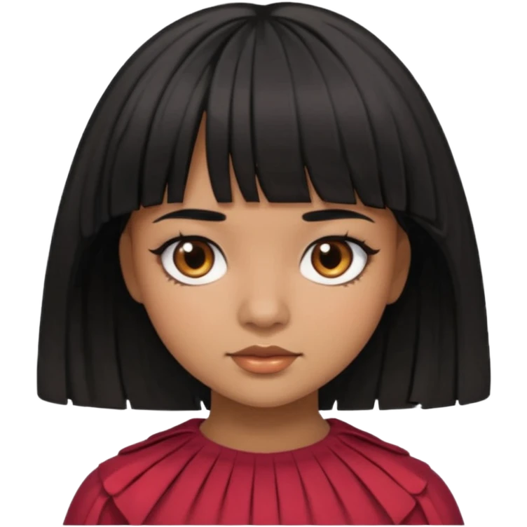 Girl that has a short black hime cut with curtain bangs, then dark brown eyes, and has a bit brown skin emoji