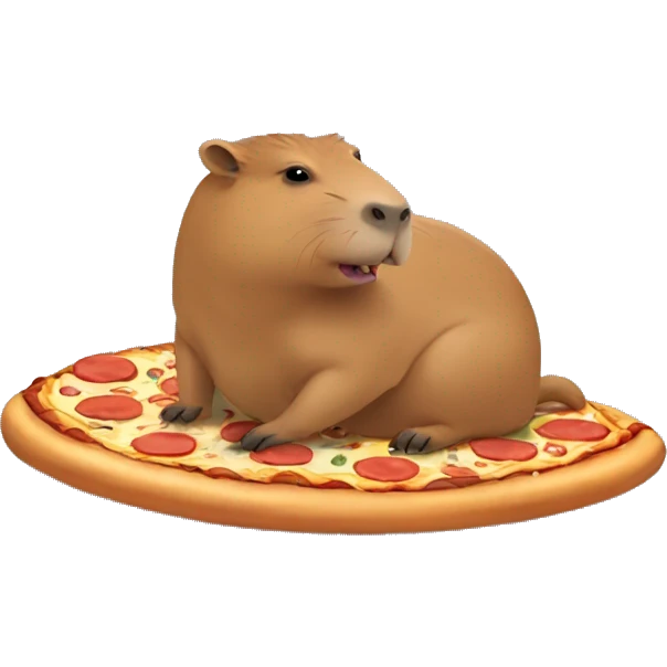 little capybara eating a pizza while riding on capybara emoji