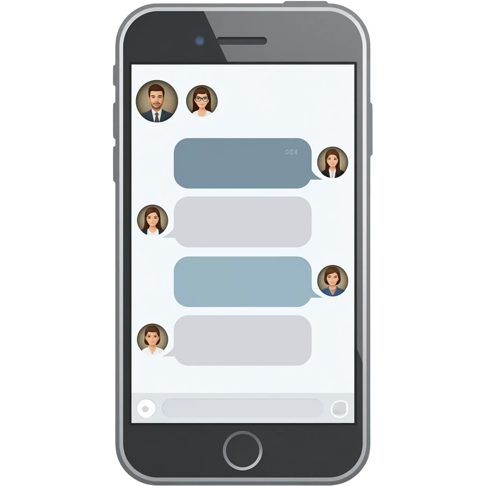 modern iphone device with messaging app open with profile pictures and medium grey and light grey bubbles emoji