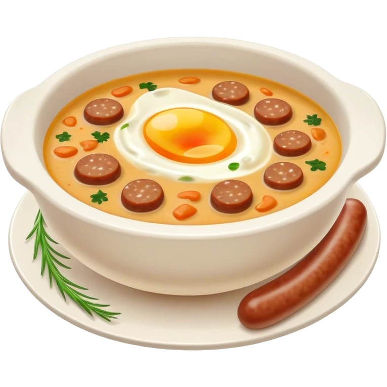 Cinematic Realistic ≈ªurek Soup Dish Emoji, depicted as a tangy, creamy rye soup with sausage and egg rendered with detailed textures and warm, comforting lighting. emoji