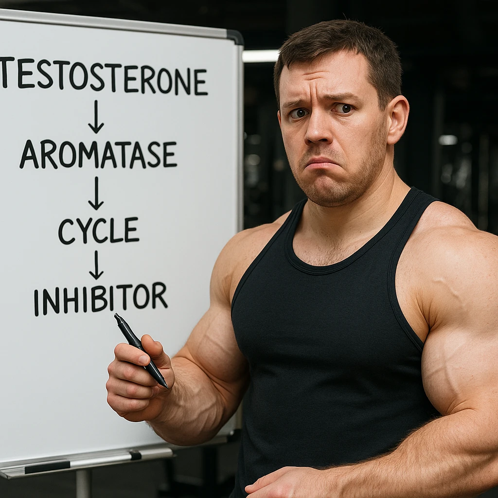 realistic inexperienced bodybuilder in front of whiteboard with testosterone and aromatase inhibitor cycle scheme, holding pen, puzzled look, growing muscles, gym background, 4K quality emoji