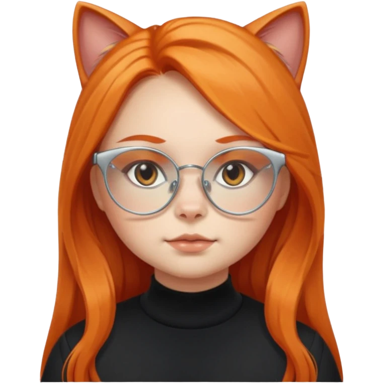 girl with chubby cheeks, very long orange hair, and silver cat-eye glasses. Black clothes emoji