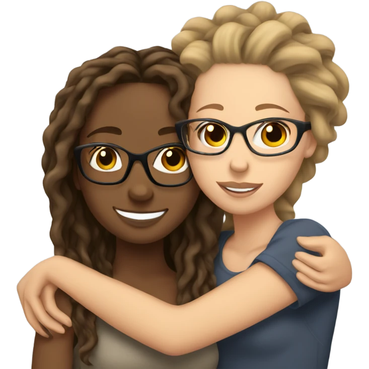 Tan girl with glasses and locs hugging a white girl with brown wavy hair emoji