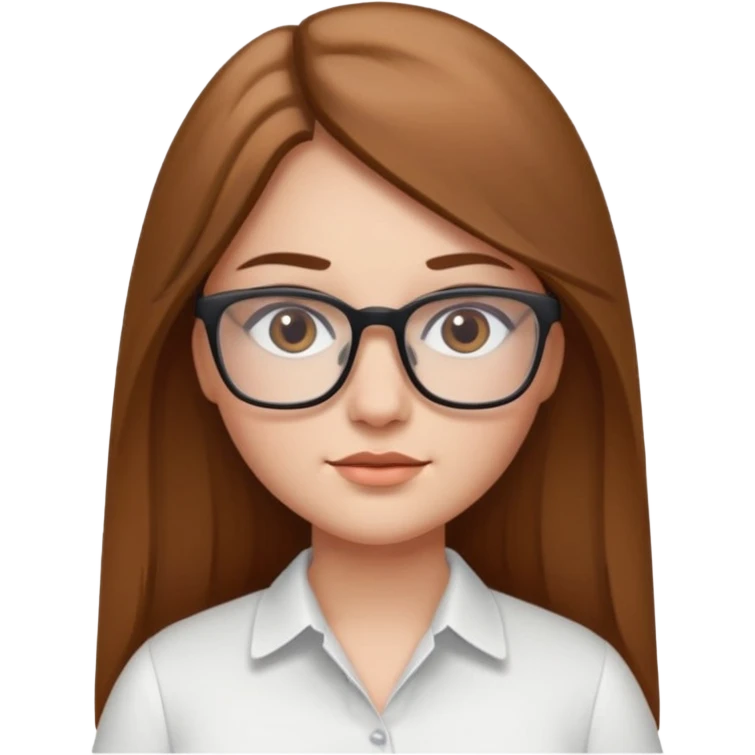 Chica blanca con cabello liso largo café claro, ojos cafe obcuro con lentes cuadrados, gordita, camisa e vestir blanca emoji