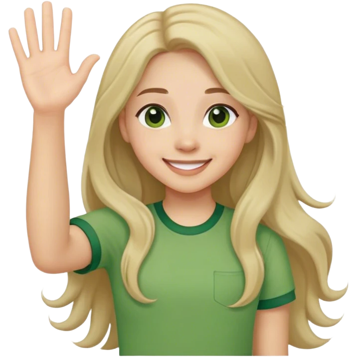 smiling girl with long hair, middle hair part, waving, green shirt emoji