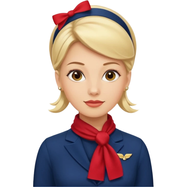azafata de vuelo rubia, con el pelo recogido y un vestido azul marino, liso con un pañuelo de color rojo emoji