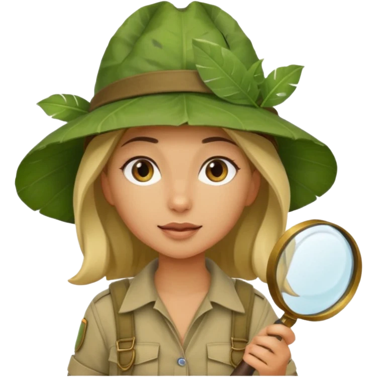 a young female explorer with jungle wearing a large leaf headgear bye and magnificer glass emoji