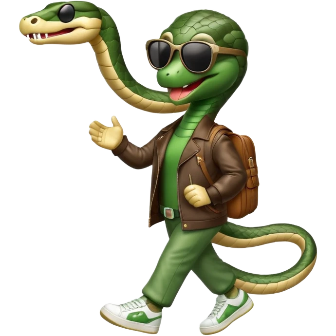 friendly anthropomorphised snake in sunglasses, jacket and sneakers, walking with a smile emoji