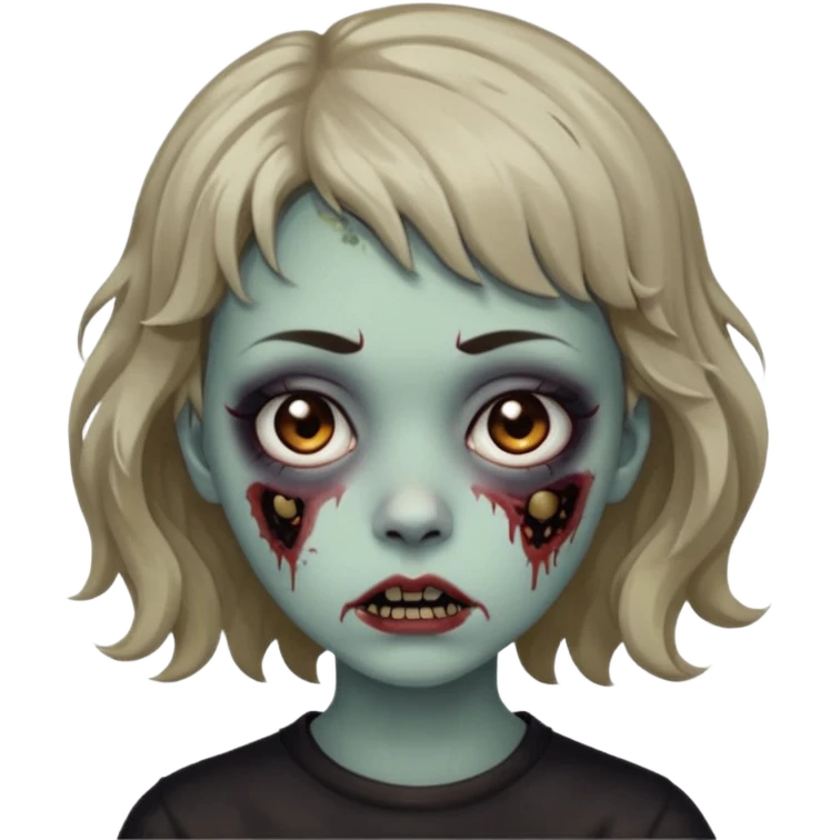 Cabelo ondulado  um pouco cheio e franja curta  Olhos marrons e pequenos e feita d ezumbi emoji