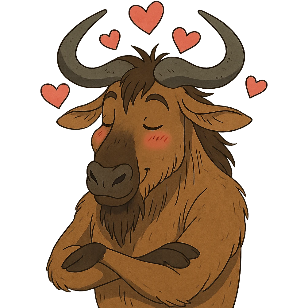 ghibli style gnu with hearts, expressing love emoji