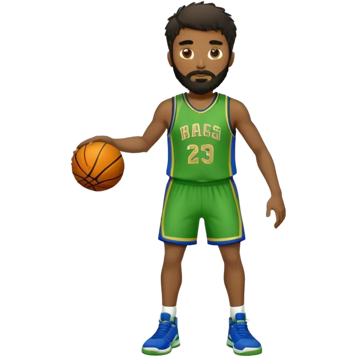 Full Body  white male basketball player with short shaggy dark hair and gold tee beard wearing blue and green uniform emoji