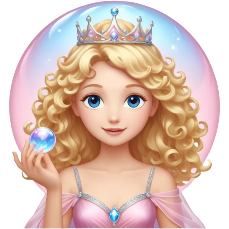 Elegant fairy with golden-blonde curls, a delicate silver crown, and sparkling blue eyes. She wears a shimmering light pink gown with a layered, ethereal design. Surrounded by a glowing, translucent pink bubble, radiating warmth and magic, with a bright, confident smile. emoji