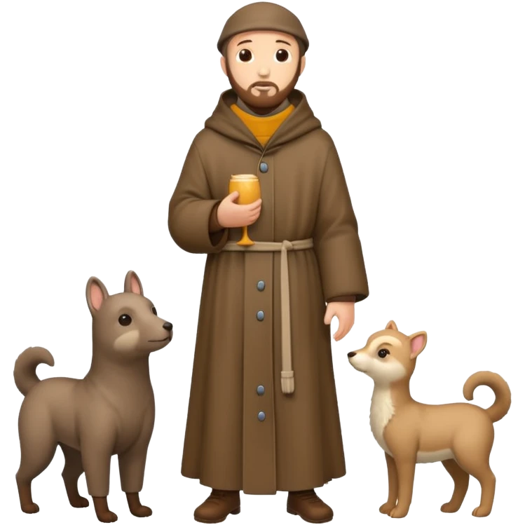 create a full body shot of Saint Francis of Assisi cartoon modern type with animals during the winter, background, to be used as an AI crfreation in HeyGen.com, please create a winter background emoji