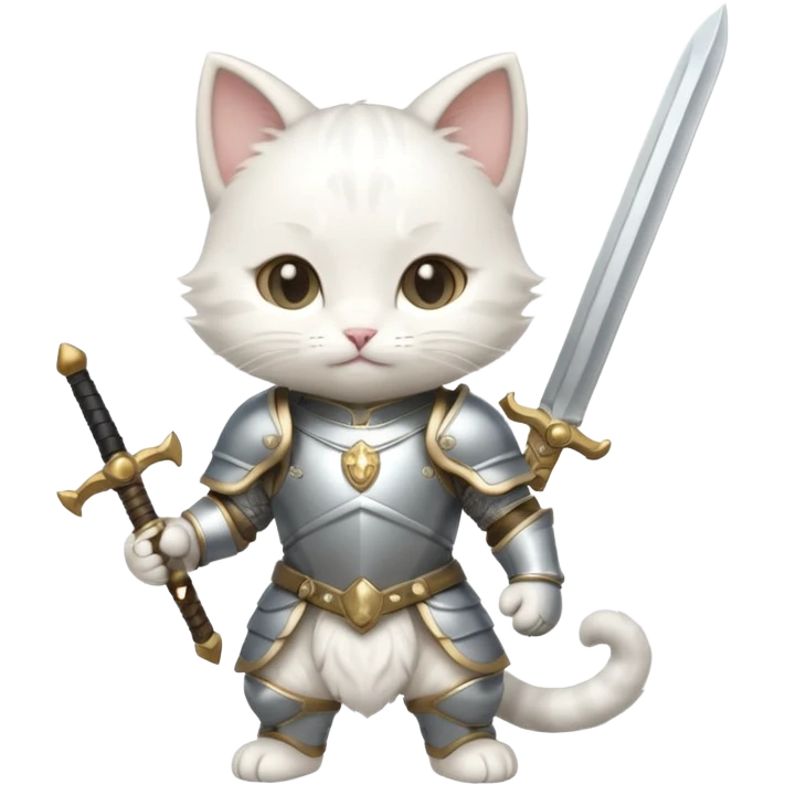baby chibi white cat in silver armor, full body, smile, hold sword emoji