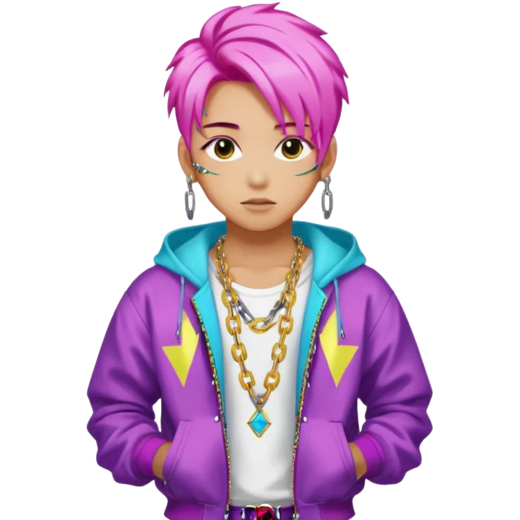portrait of young idol in Kpop style, wearing flashy streetwear outfit, colorful dyed hair, confident pose, accessorized with chains  emoji