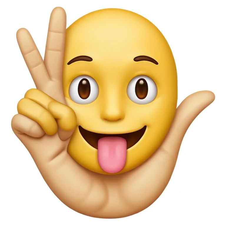 A yellow emoji face with its tongue sticking out
	•	A peace sign hand centered under the tongue
	•	The back of the hand showing (i.e. not the palm) emoji