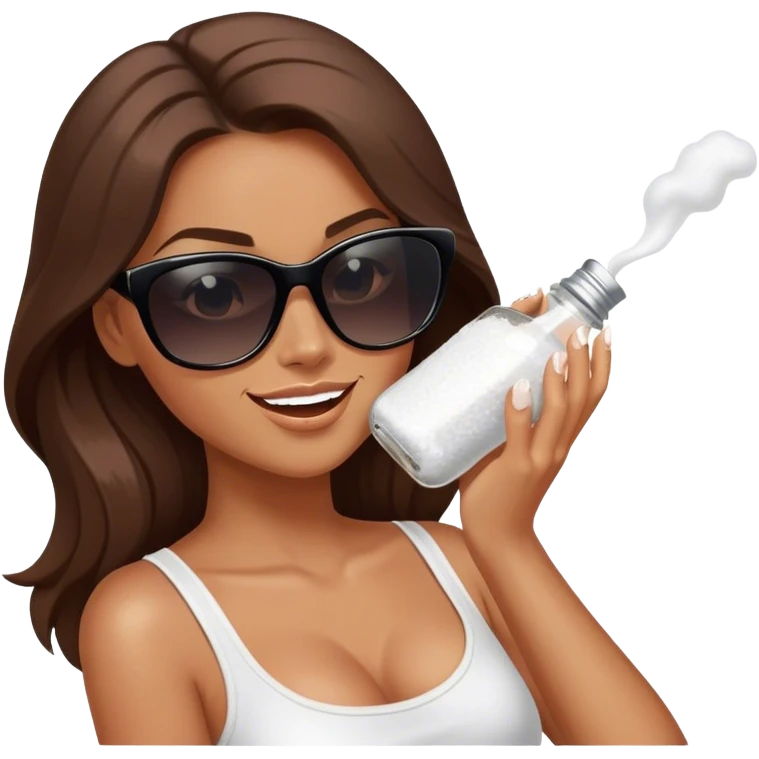 sassy woman with long brown hair, tan skin, and dark sunglasses holding a salt shaker filled with white table salt. She is shaking and sprinkling the salt. She is smirking.  emoji