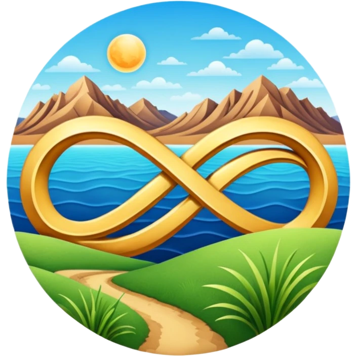 infinity 8 symbol stylised to symbolise earth, with desert, grass, cities, oceans emoji