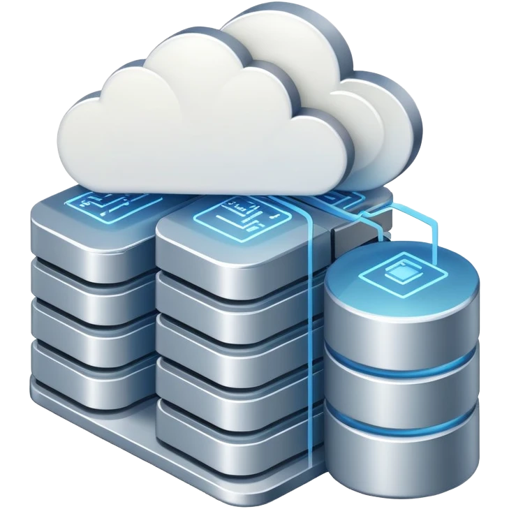 An icon featuring a database server, stacked data disks, and a cloud symbol, representing databases. The design includes binary code, a data structure diagram, and network connections, symbolizing data storage, management, and organization. Transparent background emoji