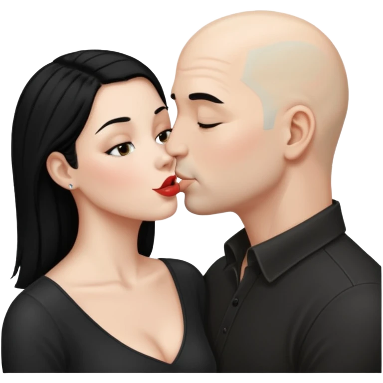 👩🏻‍❤️‍💋‍👨🏻 this one but the man should be bald. white woman with black hair and white bald man kissing emoji