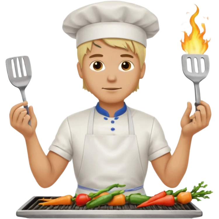 man with tied blond hair and and a white apron grilling vegetables on a sizzling grill emoji
