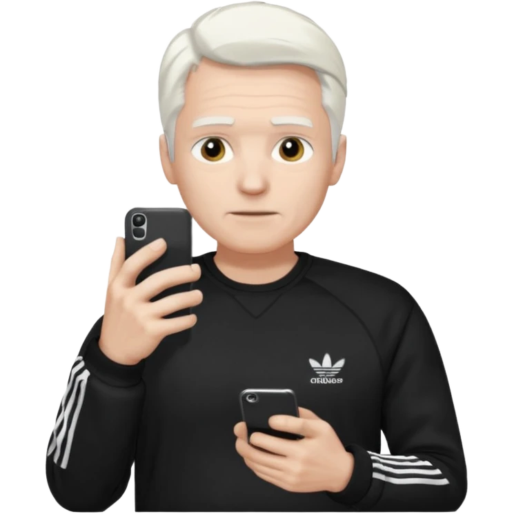 Hombre blanco con cabello blanco ropa negra Adidas y un teléfono en la mano derecha viéndolo emoji