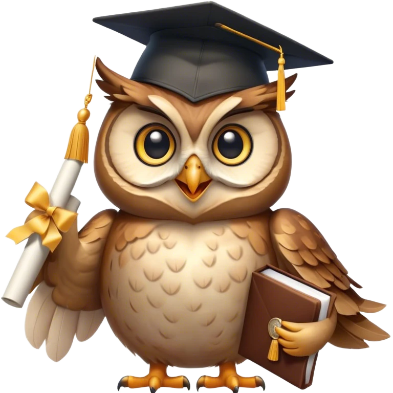 Owl smiling with graduation hat and diploma in claws emoji