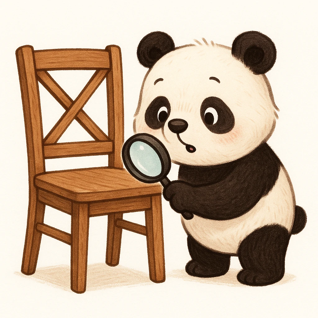 cute and whimsical panda inspecting a dining chair for durability, magnifying glass in hand, clean background emoji