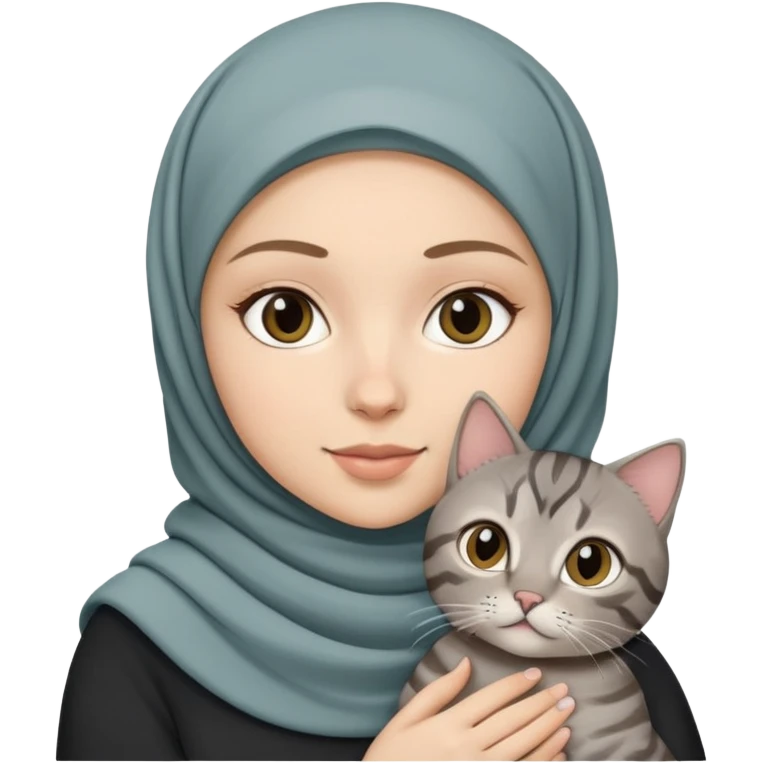 White girl wearing hijab holding a black grey tabby cat emoji