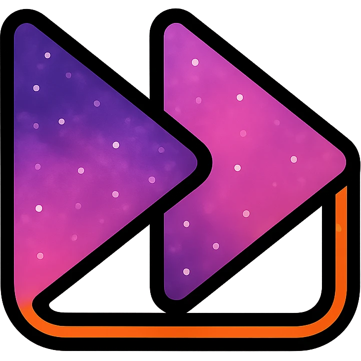 previous song icon, two left-pointing triangles filled with galaxy in purple and pink, neon orange glowing border emoji