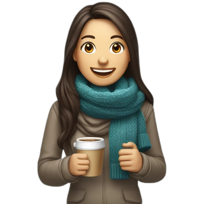 white laughing female data science engineer with dark brown straight long hair in a tech startup wearing woolly scarf and wearing a coffee mug, not full body shot emoji