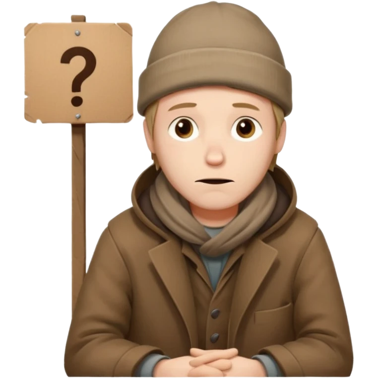 A tired homeless man wearing a worn brown coat and beanie, sitting quietly with a cardboard sign in his hands.
 emoji
