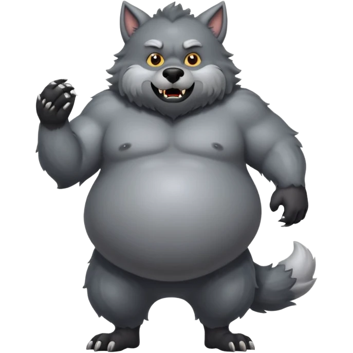 A gray werewolf with his belly inflated, big and round like a balloon emoji