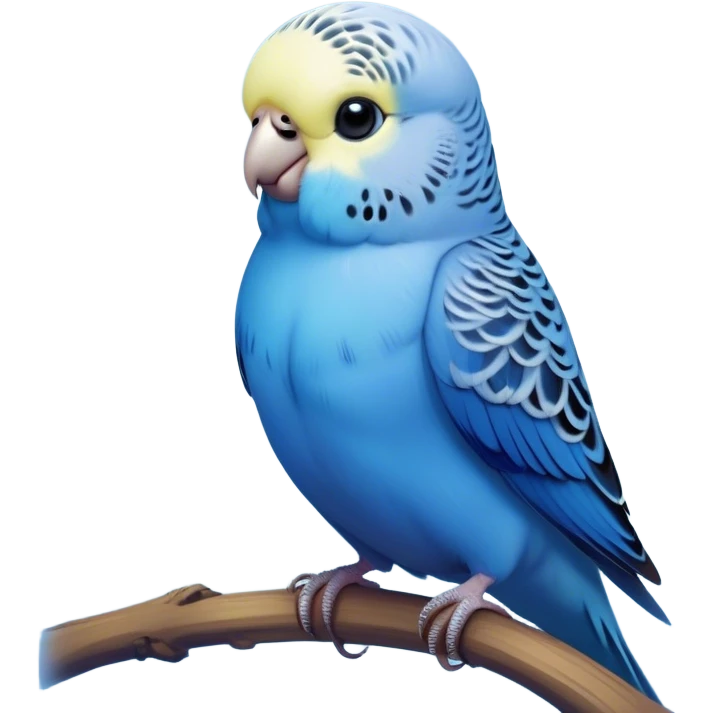 Cinematic Noble Blue Budgie Portrait Emoji, Poised and regal, with a petite, delicate build and a smooth, well-groomed fur of vibrant blue feathers, deep-set soulful dark eyes, Simplified yet sharp and sophisticated features, highly detailed, glowing with a soft, dignified glow, high shine, intelligent and charming, stylized with an air of elegance, focused and attentive, soft glowing outline, capturing the essence of a watchful and confident avian companion, so majestic it feels as though it could flutter out of the screen with effortless authority! emoji